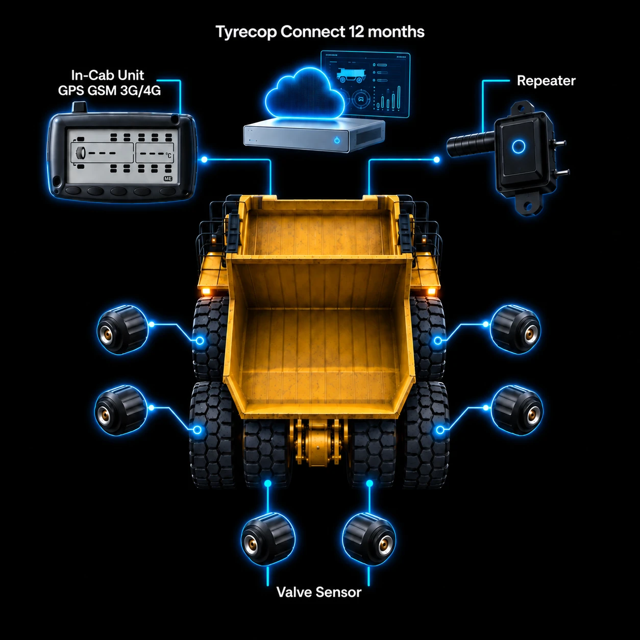 TyreCOP Pro system layout on a haul truck: the in-cab monitor and the Repeater link to TyreCOP Connect in the cloud, with a valve sensor on every wheel position